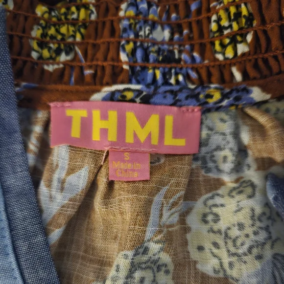 THML Boho Floral Coffee Brown Stripe Detail Ruffle High Neck Short Sleeve Top - Picture 7 of 9